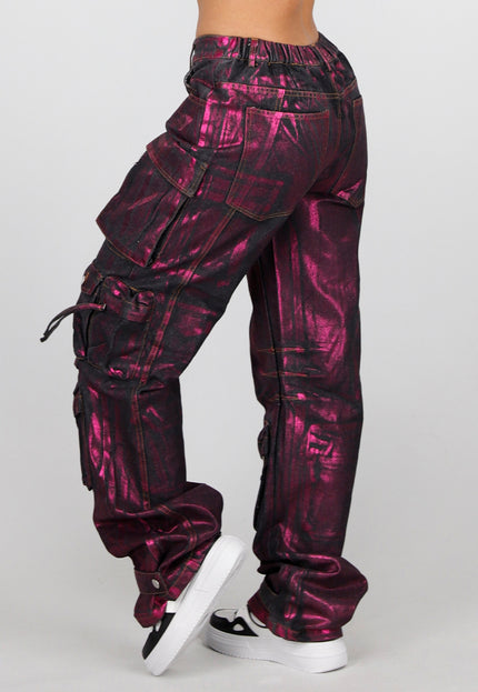 OP=OP.03.R Zwarte Mid Waist Tall Cargo Jeans met Roze Metallic coating