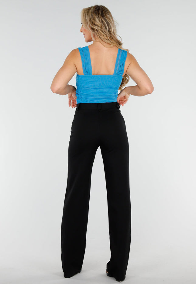 OP=OP.AV.09 Blauwe Mesh Top met Drapé Effect