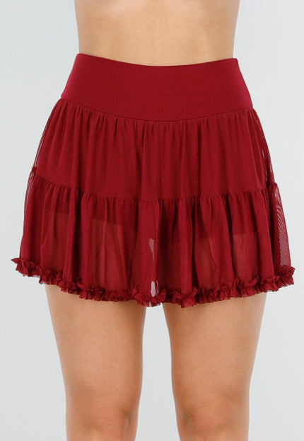OP=OP.50.NL Bordeauxrode Mesh Skort met Ruffle Rand