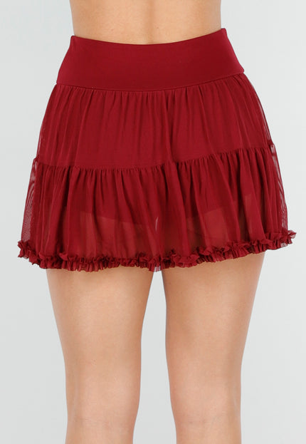 OP=OP.50.NL Bordeauxrode Mesh Skort met Ruffle Rand