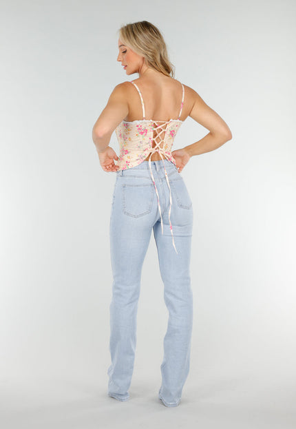 NEW090725 Lichtgele Korset Top met Bloemenprint