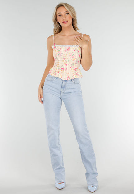 NEW090725 Lichtgele Korset Top met Bloemenprint