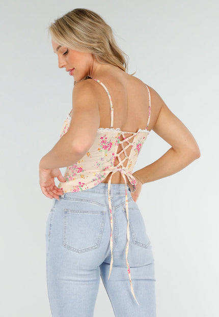 NEW090725 Lichtgele Korset Top met Bloemenprint