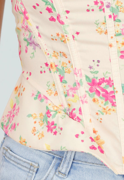 NEW090725 Lichtgele Korset Top met Bloemenprint