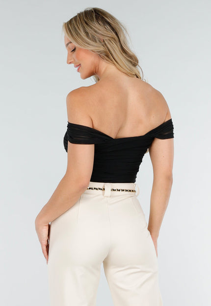 OP=OP.AV.09 Zwarte Mesh Top met Drapé Effect
