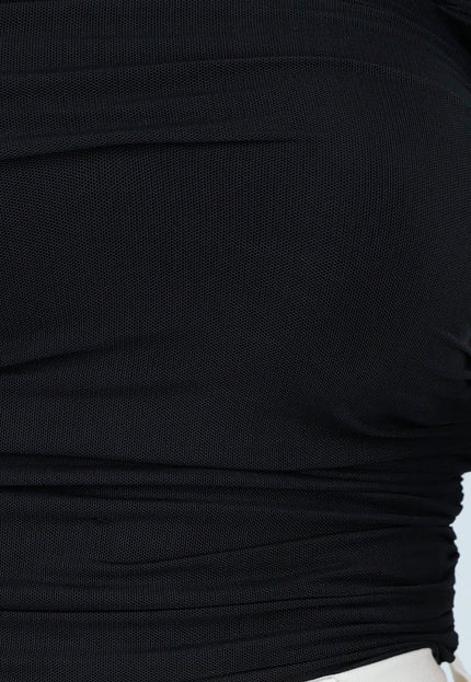 OP=OP.AV.09 Zwarte Mesh Top met Drapé Effect