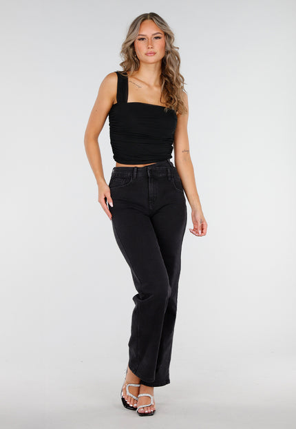 OP=OP.AV.09 Zwarte Mesh Top met Drapé Effect