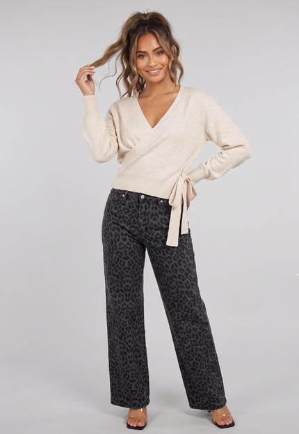 NEW090926 Beige Gebreide Overslag Trui met Strik