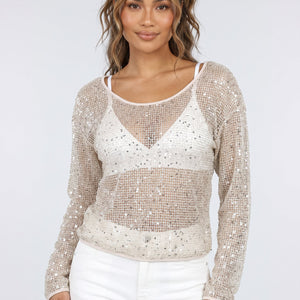NEW090926 Beige Glitter Top met Pailletten