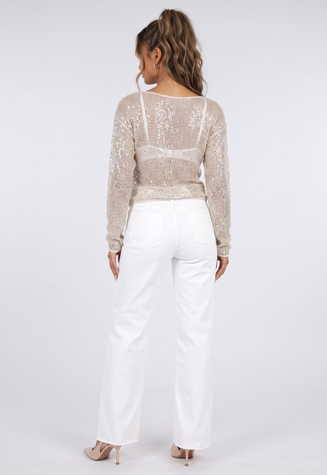 NEW090926 Beige Glitter Top met Pailletten