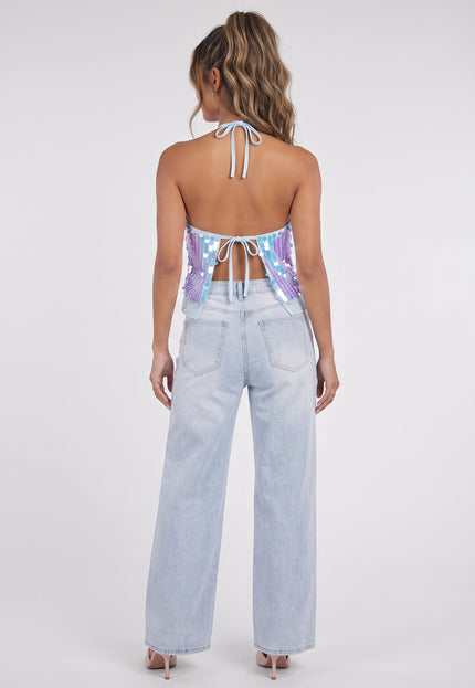 NEW090926 Blauwe Halter Top met Pailletten