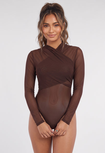 NEW090926 Bruine Mesh Body met Lange Mouwen