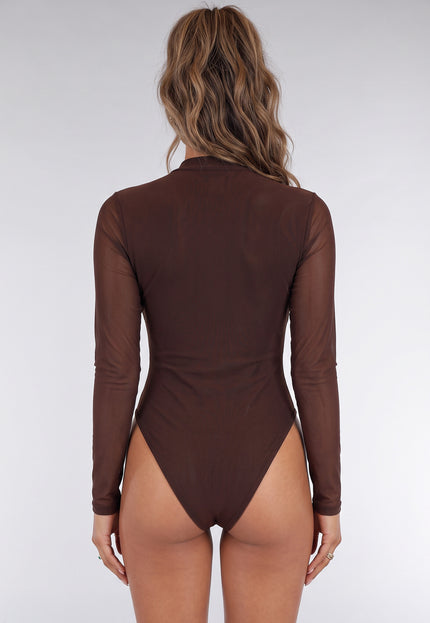 NEW090926 Bruine Mesh Body met Lange Mouwen
