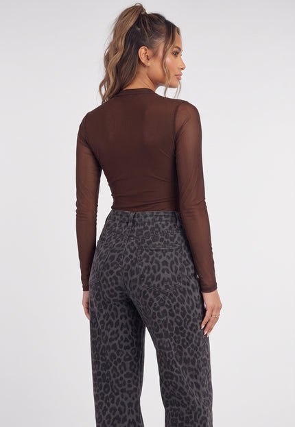 NEW090926 Bruine Mesh Body met Lange Mouwen
