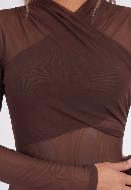 NEW090926 Bruine Mesh Body met Lange Mouwen