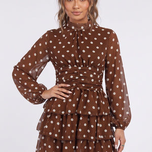 NEW090926 Bruine Polkadot Jurk met Lange Mouwen
