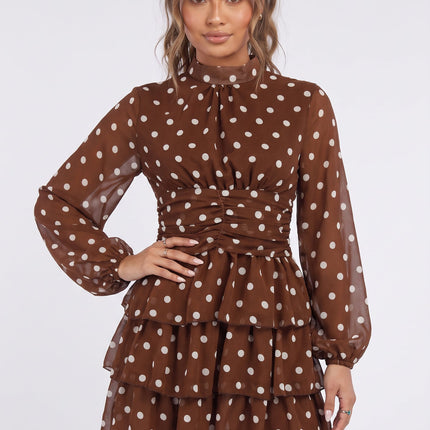 NEW090926 Bruine Polkadot Jurk met Lange Mouwen