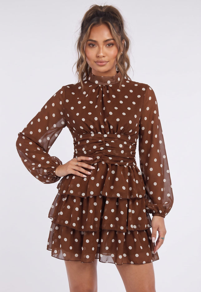 NEW090926 Bruine Polkadot Jurk met Lange Mouwen