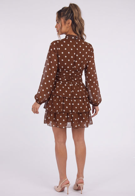 NEW090926 Bruine Polkadot Jurk met Lange Mouwen