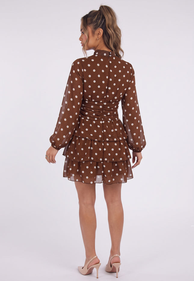 NEW090926 Bruine Polkadot Jurk met Lange Mouwen
