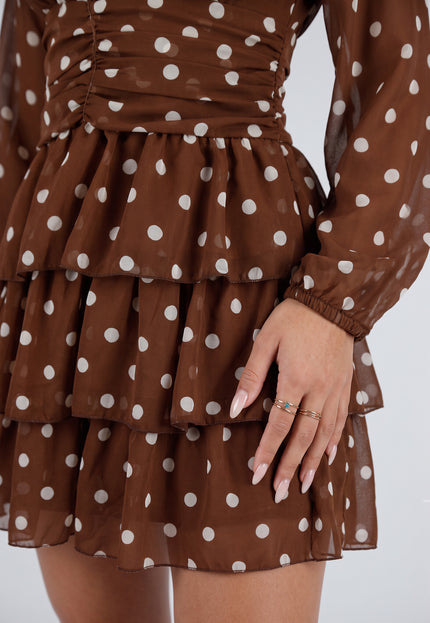 NEW090926 Bruine Polkadot Jurk met Lange Mouwen