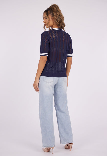 NEW090926 Donkerblauwe Gebreide Polo Top