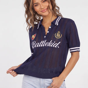 NEW090926 Donkerblauwe Gebreide Polo Top