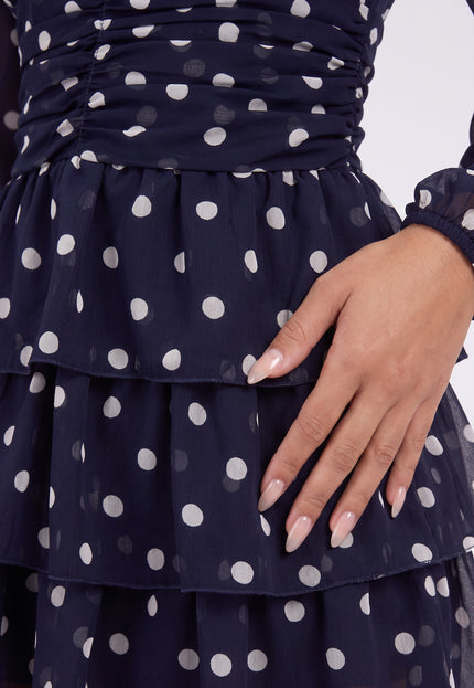 NEW090926 Navy Polkadot Mini Jurk met Ruches