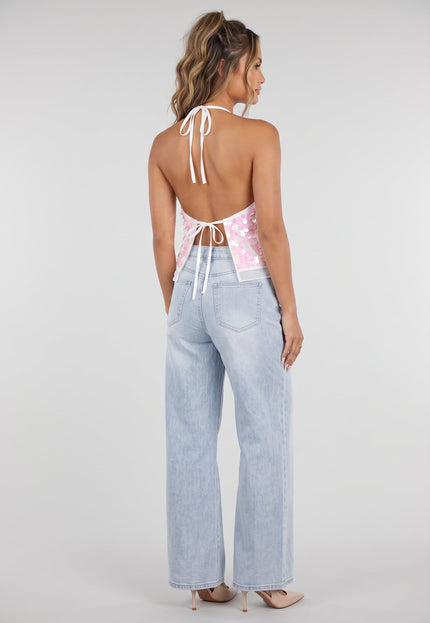 NEW090926 Roze Halter Top met Pailletten