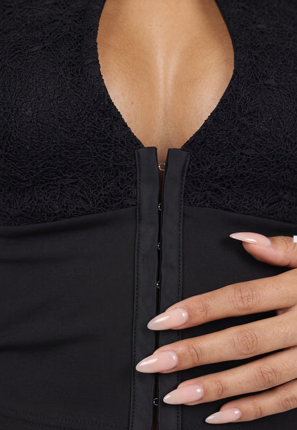 NEW090926 Zwarte Kanten Korset Top met Mouwen