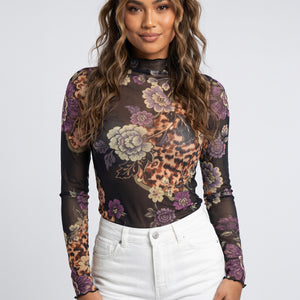 NEW090926 Zwarte Mesh Top met Bloemenprint
