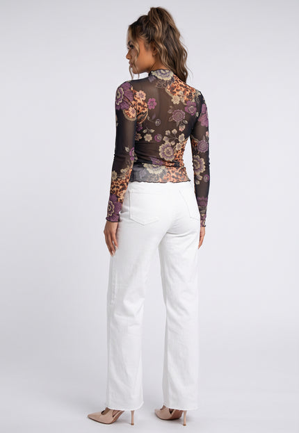 NEW090926 Zwarte Mesh Top met Bloemenprint