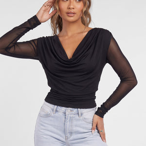 NEW090926 Zwarte Mesh Top met Watervalhals
