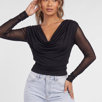 NEW090926 Zwarte Mesh Top met Watervalhals