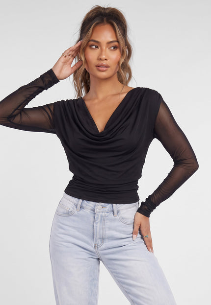 NEW090926 Zwarte Mesh Top met Watervalhals