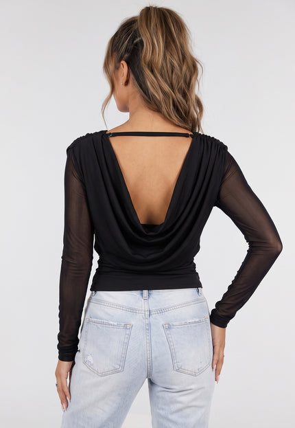 NEW090926 Zwarte Mesh Top met Watervalhals