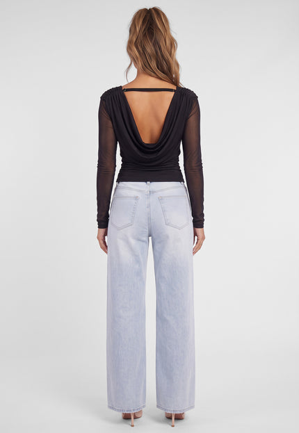 NEW090926 Zwarte Mesh Top met Watervalhals
