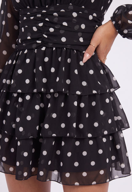 NEW090926 Zwarte Polkadot Mini Jurk met Ruches