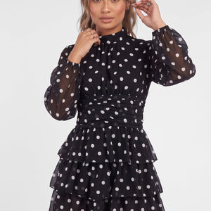 NEW090926 Zwarte Polkadot Mini Jurk met Ruches