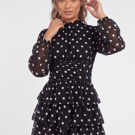 NEW090926 Zwarte Polkadot Mini Jurk met Ruches