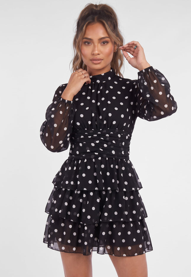 NEW090926 Zwarte Polkadot Mini Jurk met Ruches