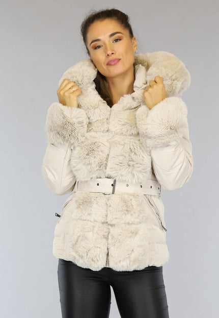 OP=OP.37.S Beige Gewatteerde Winterjas met Bont en Riem