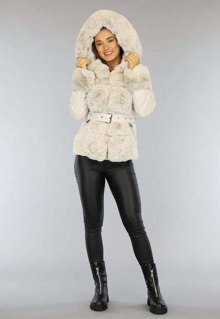 OP=OP.37.S Beige Gewatteerde Winterjas met Bont en Riem