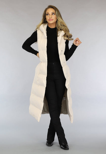 NEW0910 Beige Lange Bodywarmer met Capuchon