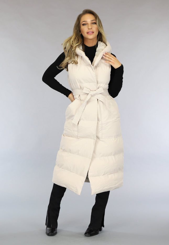 NEW0910 Beige Lange Bodywarmer met Capuchon