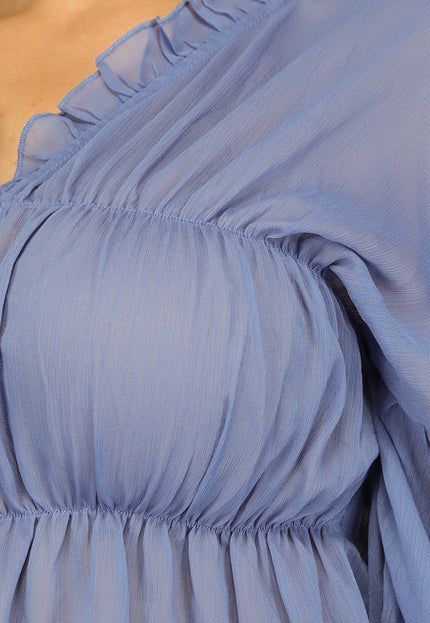 OP=OP.AV.09 Blauwe See Through Blouse met Pofmouwen