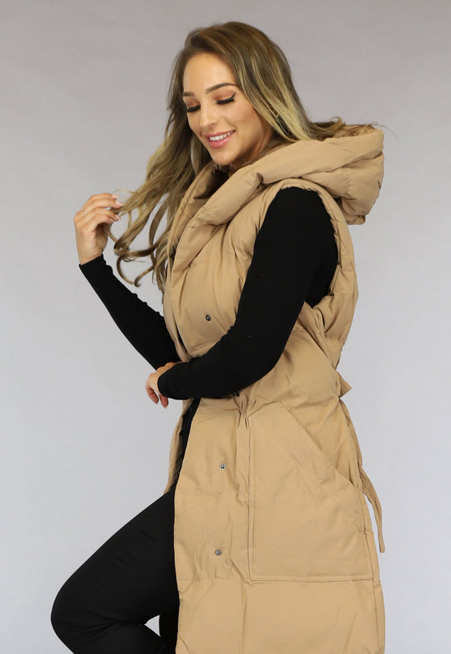 NEW0910 Camel Oversized Bodywarmer met Ceintuur