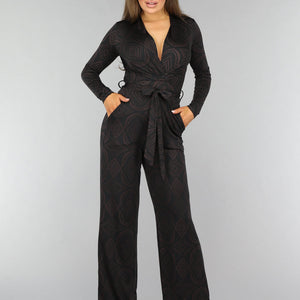NEW0910 Donkerbruine Wide Leg Jumpsuit met Ruit Patroon