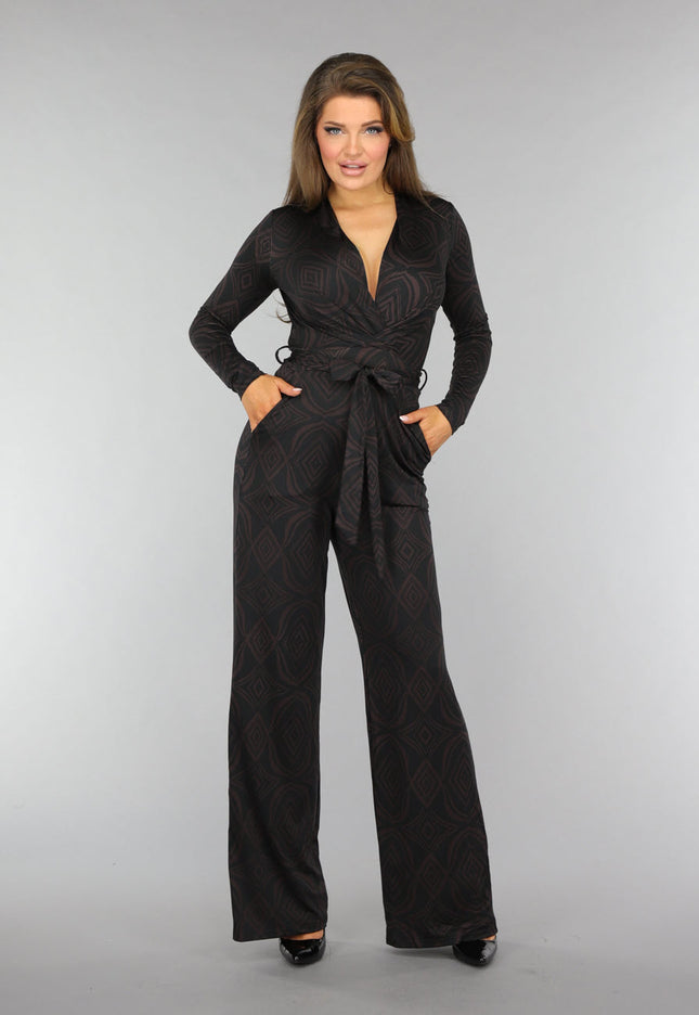NEW0910 Donkerbruine Wide Leg Jumpsuit met Ruit Patroon