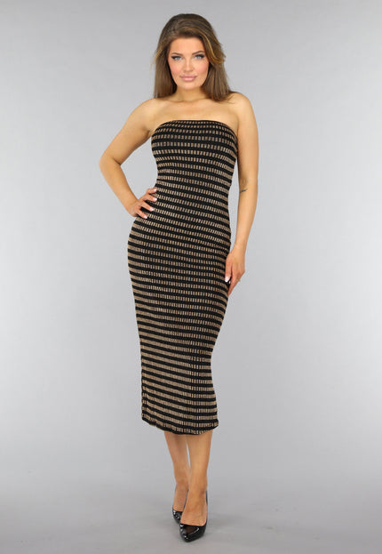 OP=OP.AV.12 Gouden Gestreepte Strapless Midi Jurk